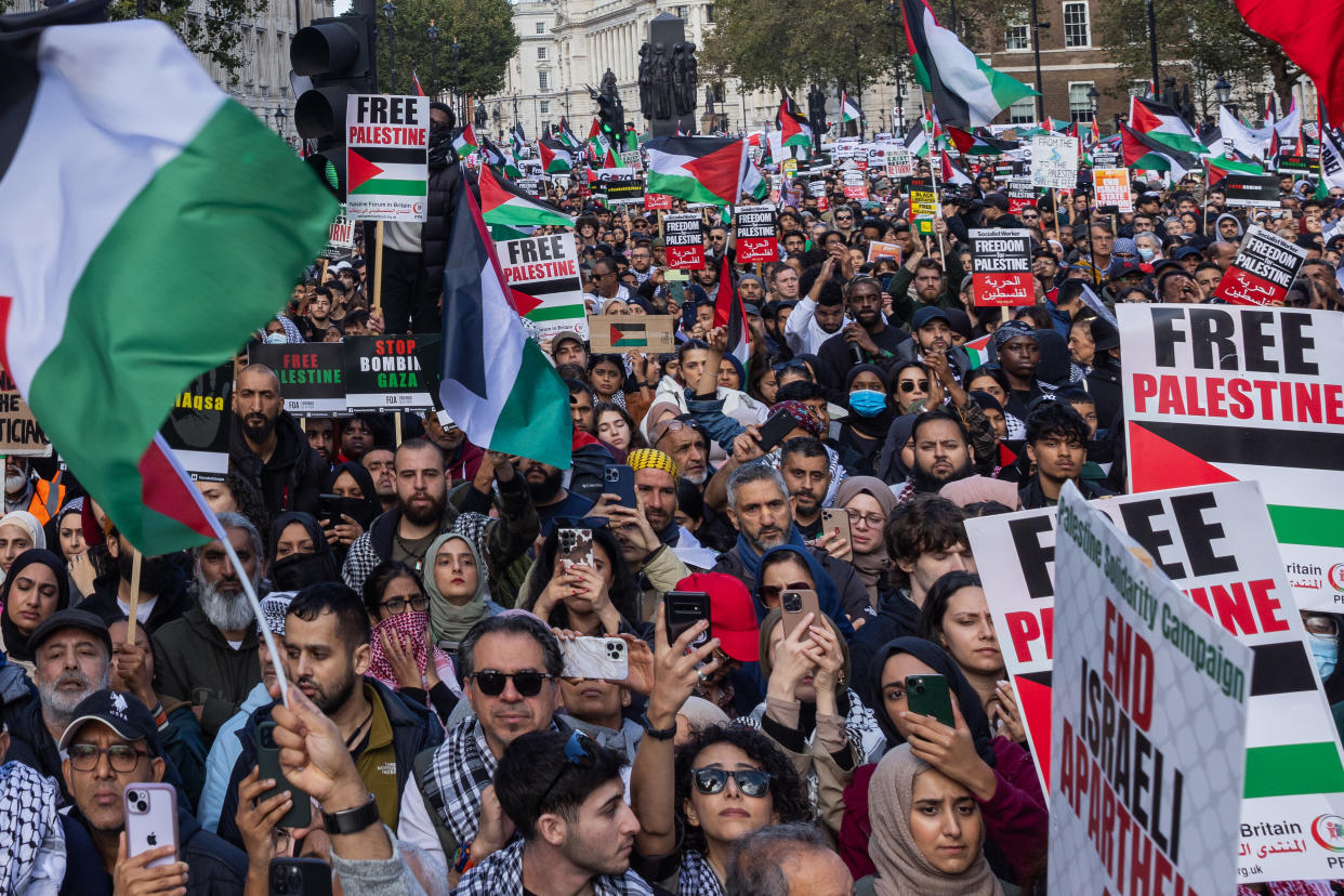 Tens of thousands of pro-Palestinian demonstrators rally outside Downing Street in support of the Palestinian population of Gaza on 14th October 2023 in London, United Kingdom. Large Palestinian solidarity rallies have been held throughout the UK following Israel's retaliatory attacks on Gaza despite a warning from UK Home Secretary Suella Braverman that waving Palestinian flags or chanting popular slogans in support of Palestine may constitute public order offences. (photo by Mark Kerrison/In Pictures via Getty Images)