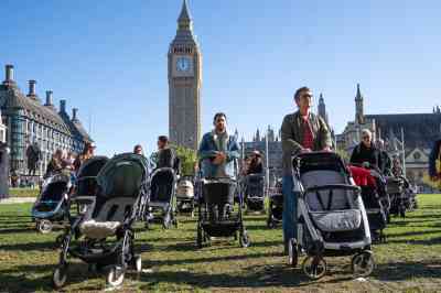 Protesters brought empty prams to the Houses of Parliament in support of Israeli families whose children were abducted by Hamas