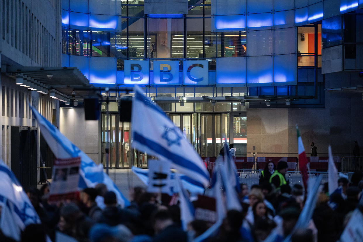 LONDON, ENGLAND - OCTOBER 16: Members of the Jewish community gather outside BBC Broadcasting House to demonstrate against the BBC's ongoing refusal to label Hamas as terrorists, on October 16, 2023 in London, England. The National Jewish Assembly is protesting at the BBC's refusal to label Hamas as terrorists and comes after the militant group's recent attacks on Israel. Hamas was prescribed as a terrorist organisation by the UK in March 2021 (Photo by Carl Court/Getty Images)