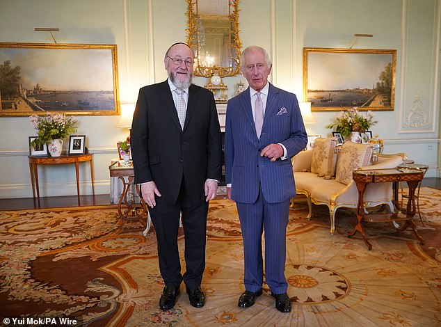 King Charles II receives Chief Rabbi Sir Ephraim Mirvis at Buckingham Palace in London today