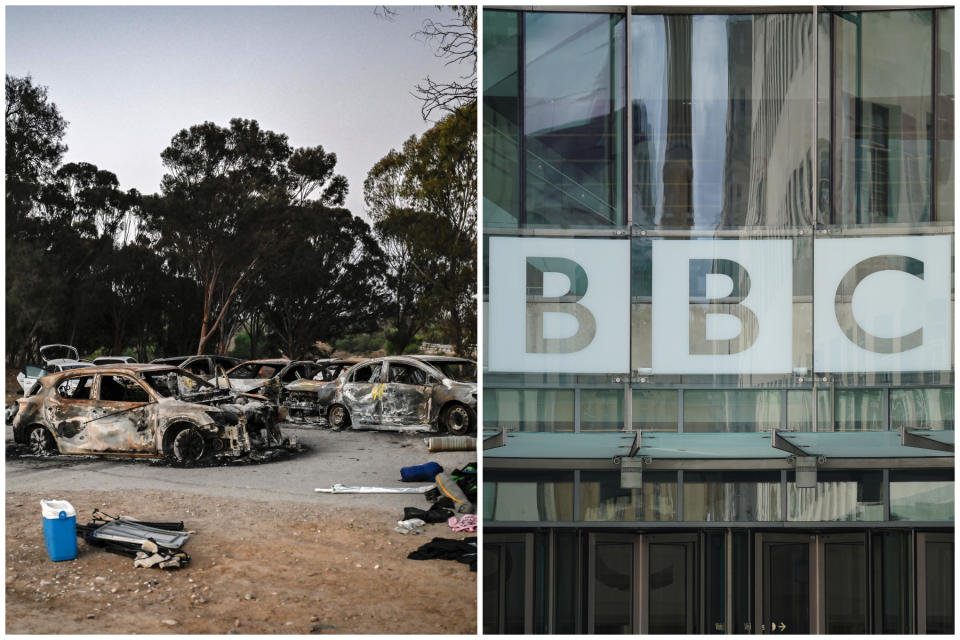 Left, the aftermath of the Hamas attacks at the Supernova festival in Re'im, Israel, where at least 260 people were murdered on Saturday. The BBC is refusing to label Hamas terrorists. (Getty Images/PA)