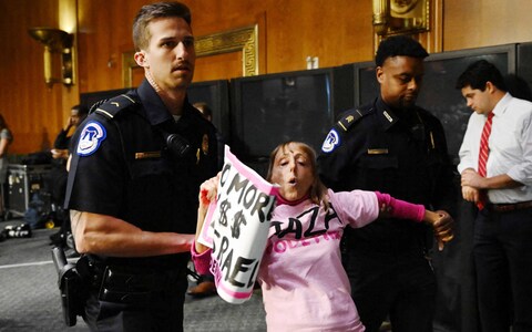 A protester is removed as US Secretary of State Antony Blinken and Defense Secretary Lloyd Austin testify during a Senate Appropriations Committee hearing