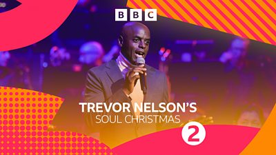 Artwork for Trevor Nelson's Soul Christmas featuring a picture of a man speaking into a microphone while on stage. 