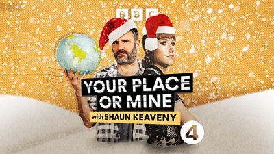 Artwork for Your Place or Mine with Shaun Keaveny.
/p
pFeaturing cutouts of Shaun Keaveny and Maisie Adam wearing red Santa hats, surrounded by snow-covered branding. 