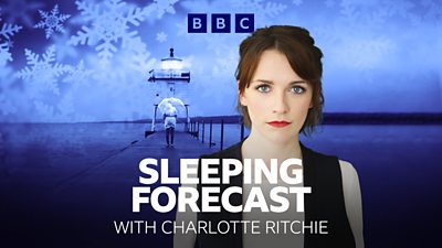 Artwork for the Sleeping Forecast with Charlotte Ritchie. A picture of Charlotte sits in front of a drawing of a lighthouse at the end of a pier. 