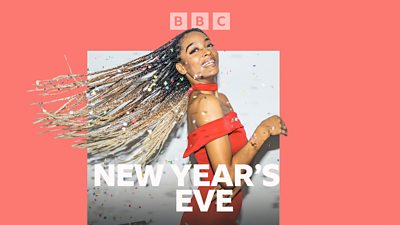 Artwork for BBC Sounds' New Year's Eve programming, featuring a woman dancing in a red dress, surrounded by confetti. 