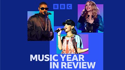 Artwork for BBC Sounds' Music Year in Review, featuring pictures of artists on top of a blue and purple graphic. 