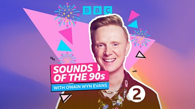 Artwork for New Year's Eve Party Sounds of the 90s with Owain Wyn Evans, featuring a picture of Owain surrounded by pink and blue graphics. 