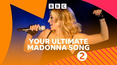 Artwork for Your Ultimate Madonna Song, featuring a picture of Madonna singing into a microphone. 