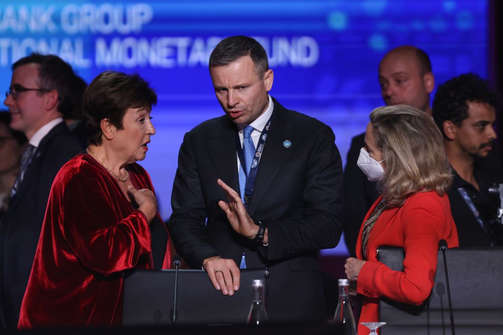 Kristalina Georgieva, managing director of the International Monetary Fund (IMF), left, Serhiy Marchenko, Ukraine's finance minister, center