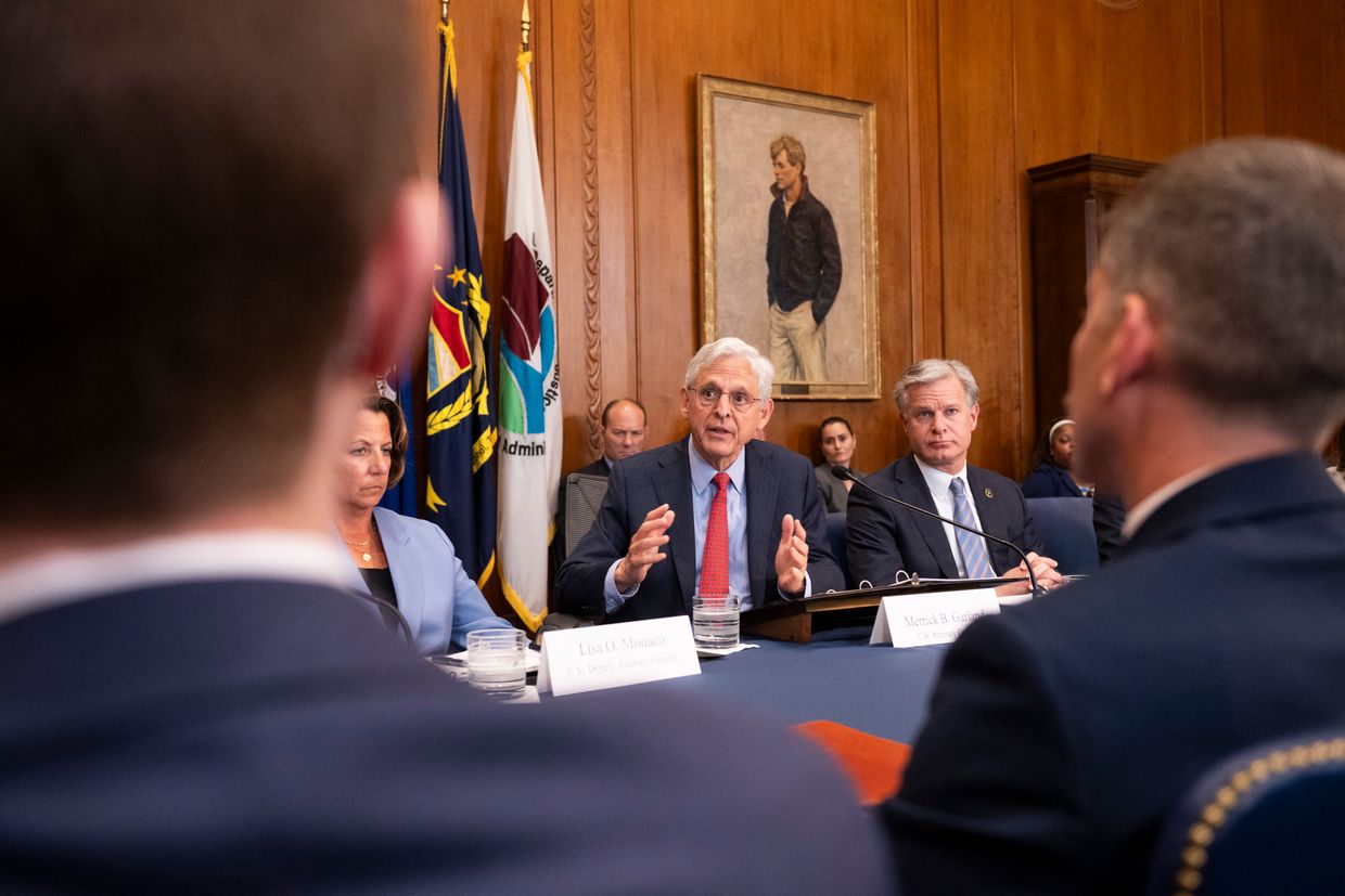 US Attorney General Merrick Garland speaks at the beginning of a meeting of the Justice Department's Election Threats Task Force at the Justice Department in Washington, DC, US on Sep.
/p
p4, 2024.