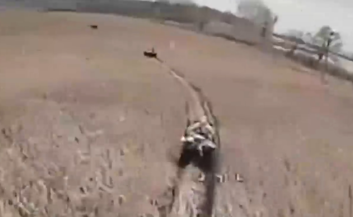 A Ukrainian FPV drone catches up with Russian ATV assault vehicles in the Kursk region. November 2024, Russia. Footage from the video of the 225th Separate Assault Battalion