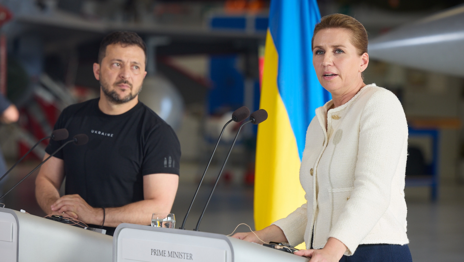 Volodymyr Zelenskyi and Mette Frederiksen in front of an F-16. August 2023, Denmark.
/p
pPhoto credits: Office of the President