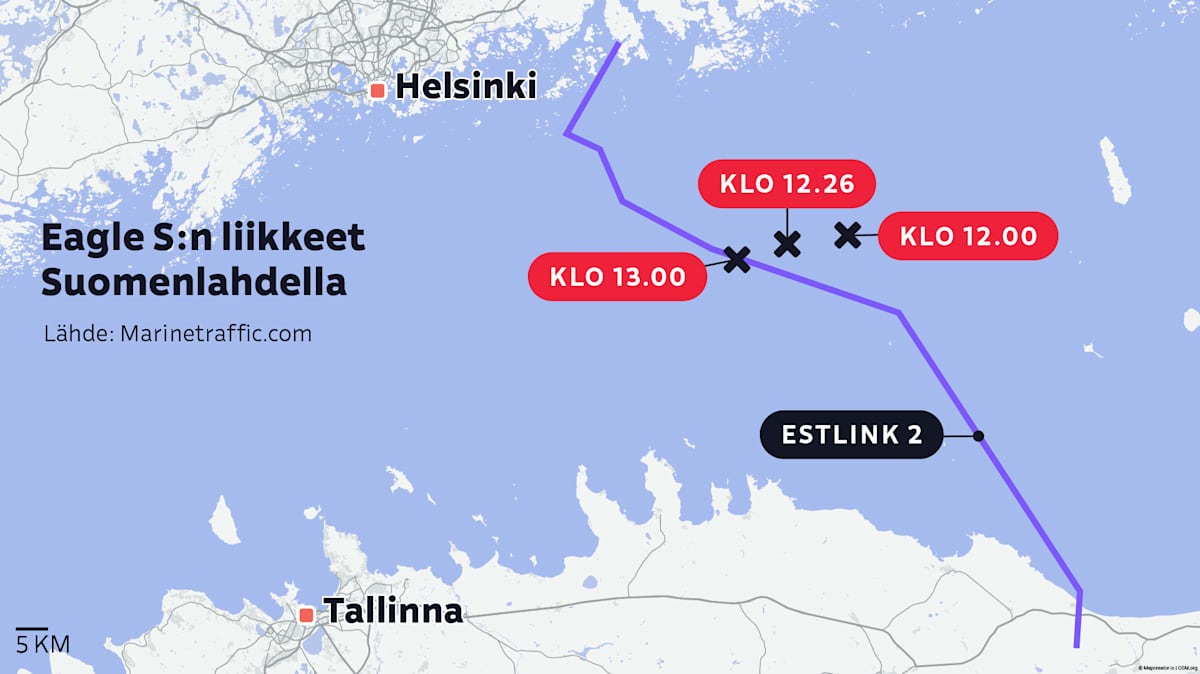 Movement of the Eagle S ship near the ESTLINK2 cable at the time of the cable damage marked on the map. Photo credits: Aurora Ferm / Yle, MapCreator, OpenStreetMap, Marinetraffic