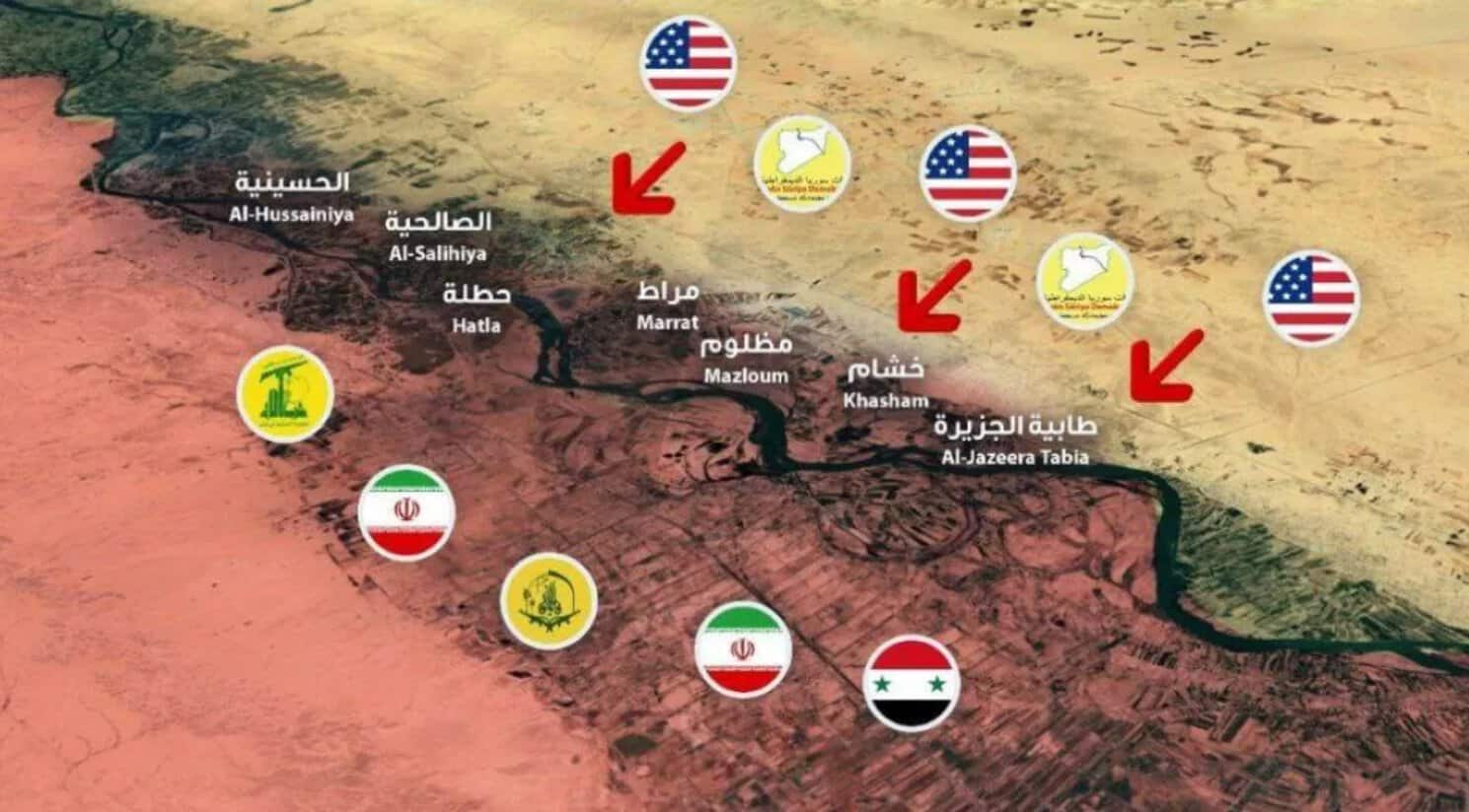 Red - Assad's military-controlled territories before the start of the SDF offensive with the support of the United States near Deir ez-Zor