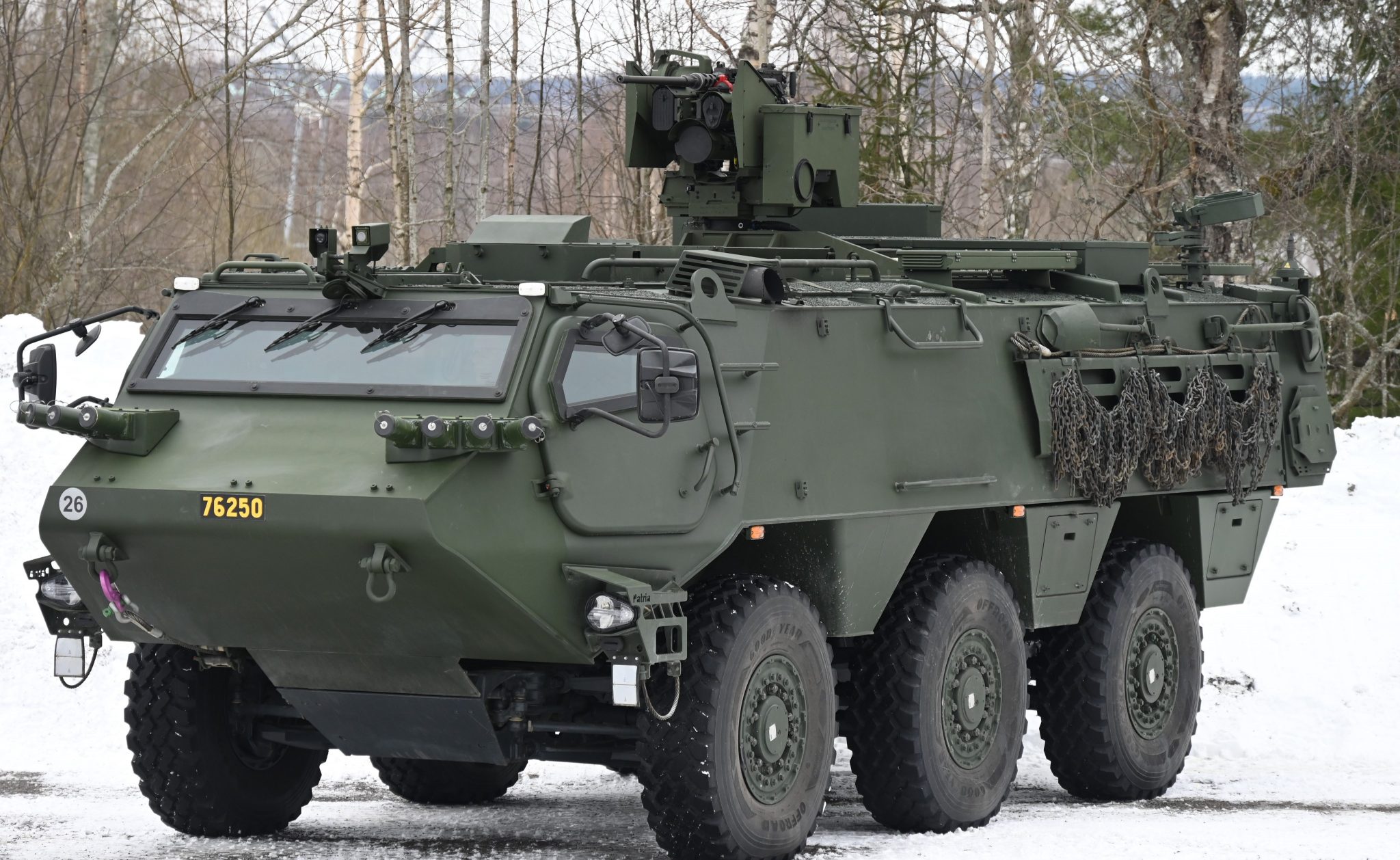Wheeled Patria 6x6 armored personnel carrier with the Protector RS4 combat module.
/p
pPhoto credits: Patria