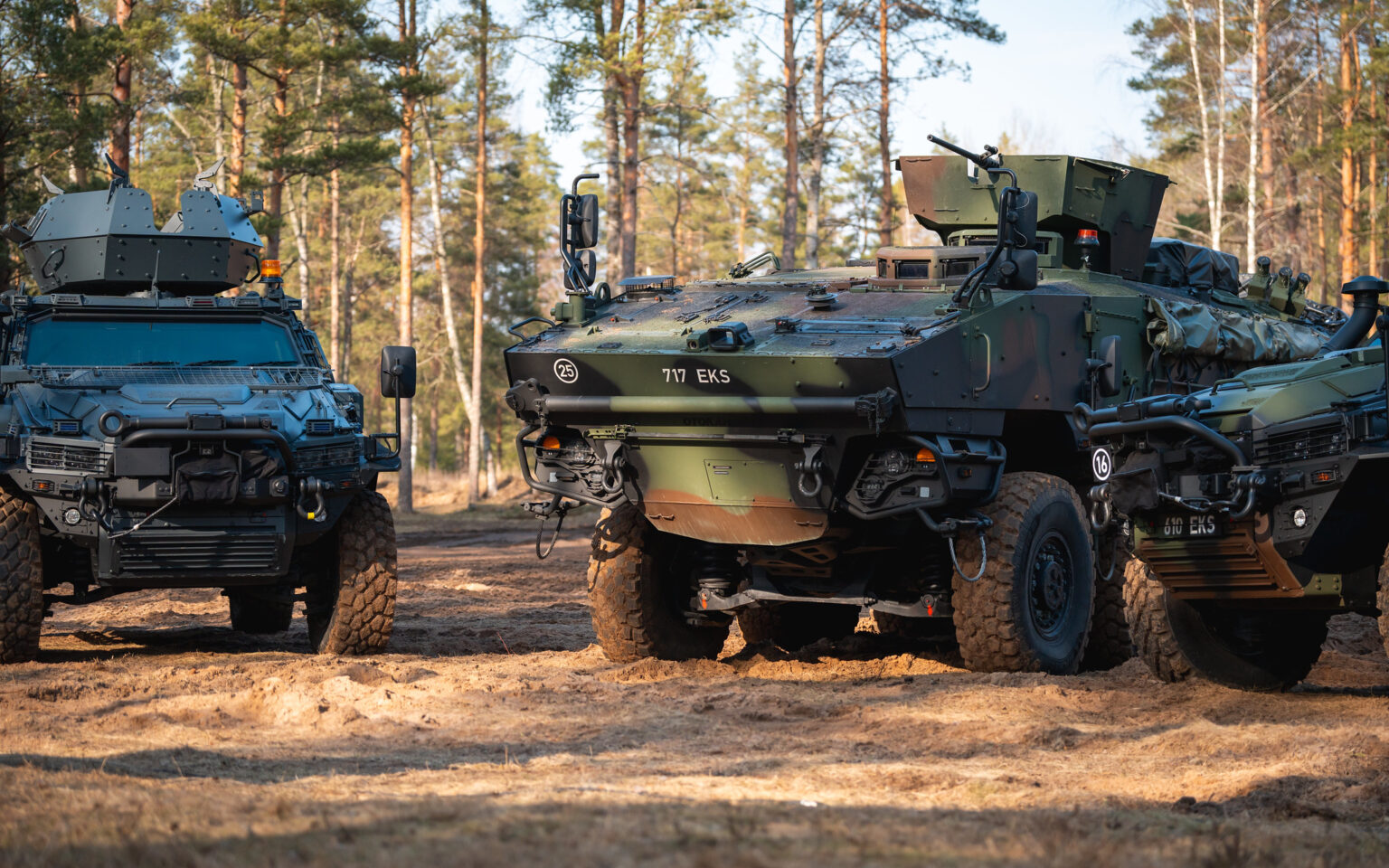 Arma 6x6 armored personnel carriers and NMS armored vehicles for the Estonian Defense Forces. March 2025. Photo: RKIK/Kermo Pastarus