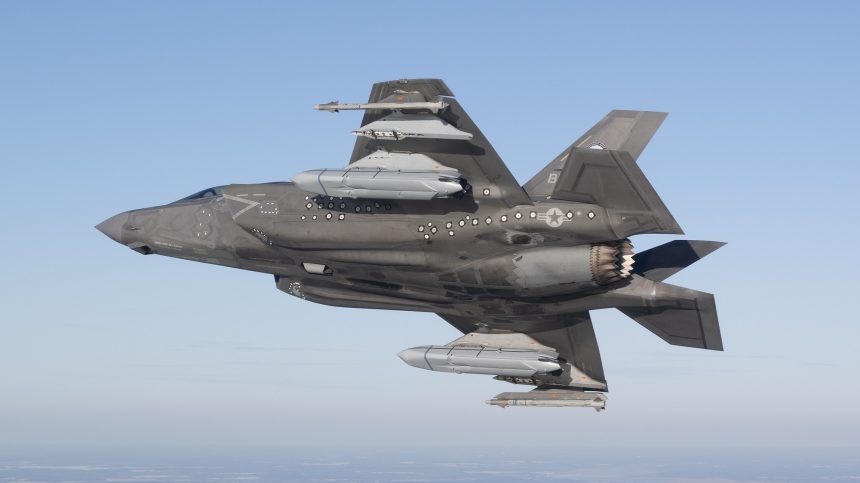 F-35B with AGM-158C LRASM missiles.
/p
pSource: Kyra Helwick.