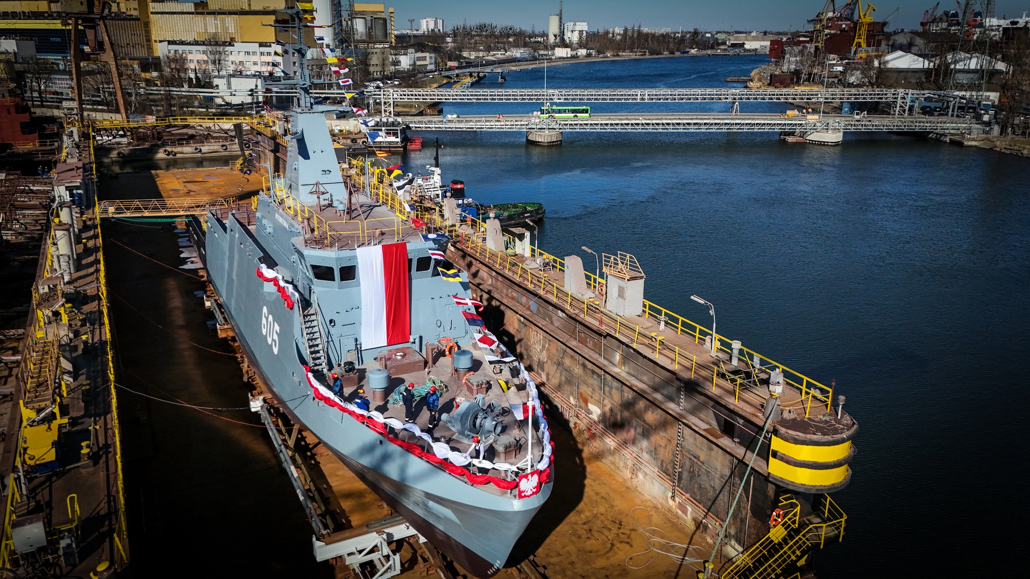 The future ORP Rybitwa (605) minesweeper in the floating dock before its launch. Photo credits: Facebook/Marynarka Wojenna RP