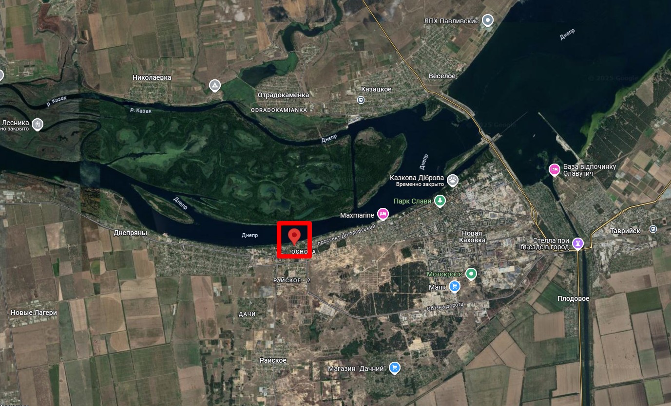 The location of the airstrike in Nova Kakhovka, according to analysts from the WarArchive group